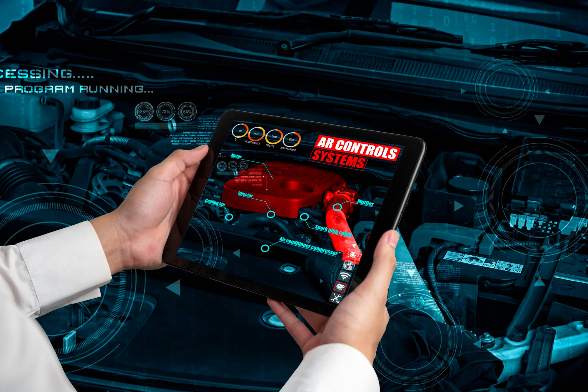 engineer use augmented reality software monitor parts car vehicle